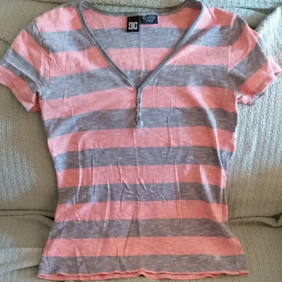DC brand peach and grey striped button top - Picture 1 of 5